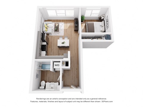 Floor plan for 1 bed, 1 bath, 592 sqft